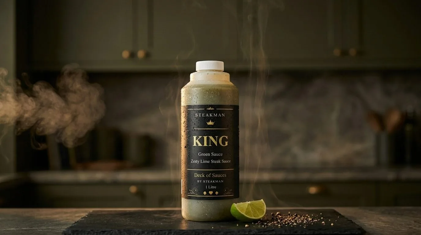 KING Zesty Lime Steak Sauce bottle on slate
